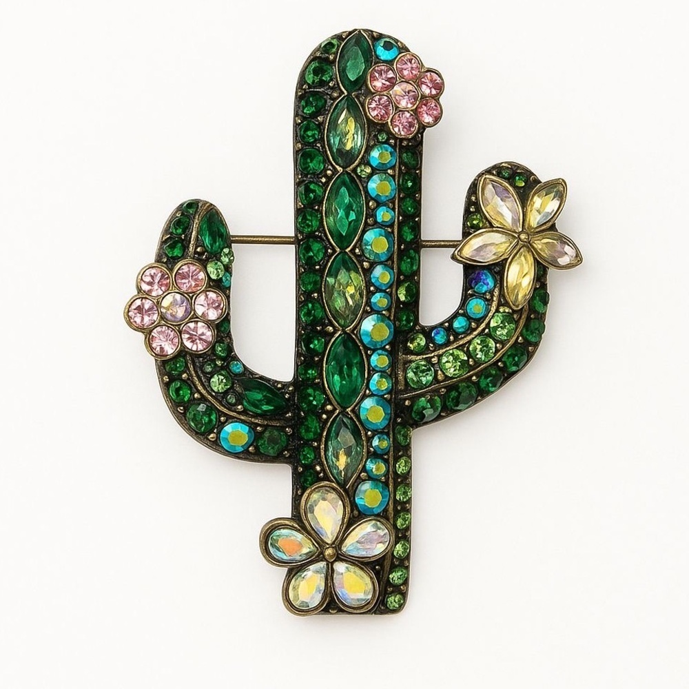 Colorful Cactus Brooch with Gem Accents